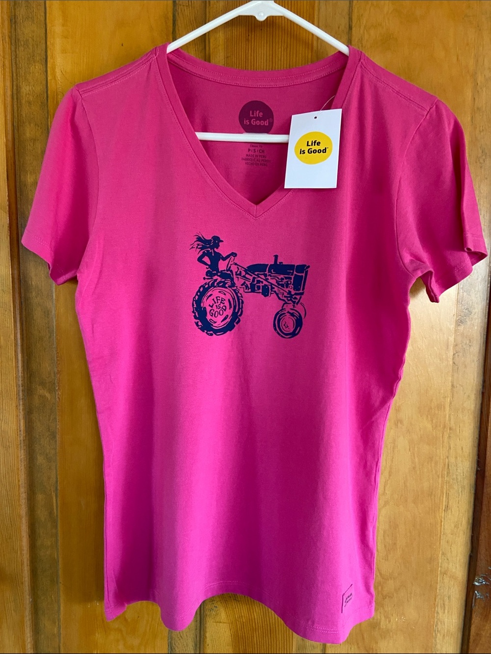 Life Is Good Hot Pink V-Neck Tee with Navy Tractor Graphic